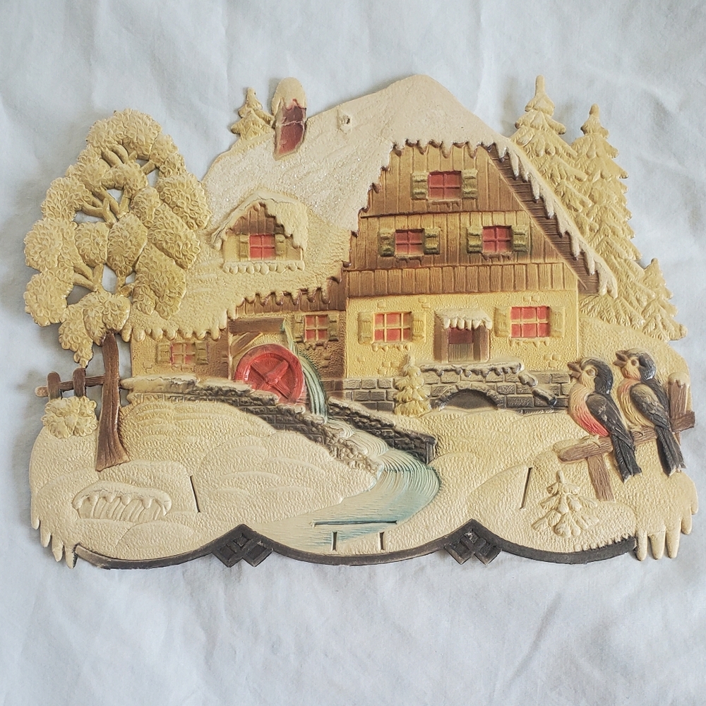 Water Wheel Chalet Vtg 1968 Embossed Calendar Topper West Germany Birds Trees